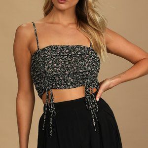 NWOT Lulus Best of Trends Black Floral Print Ruched Mesh Cropped Cami Top